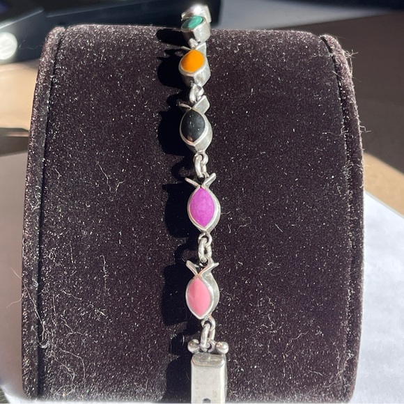 Colorful Vintage Taxco Gemstone 925 Silver Fish-shaped Bezel set Chain Bracelet - Picture 5 of 11
